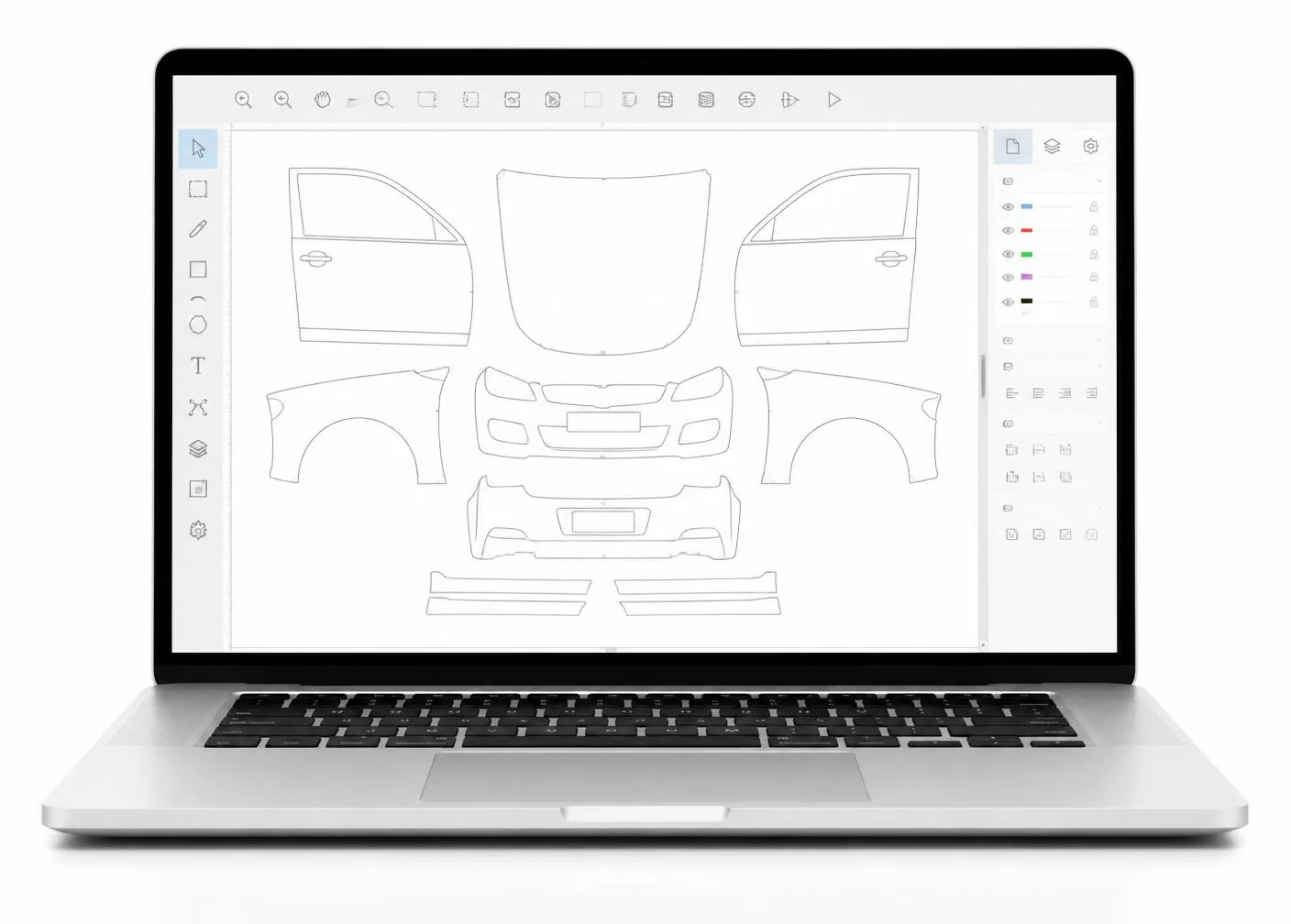 CUTNEX Schneidesoftware mit PPF-Fahrzeugvorlagen auf einem Laptop